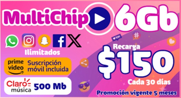 Sim Chip Telcel 30 Días 6 Gb Recarga 150.