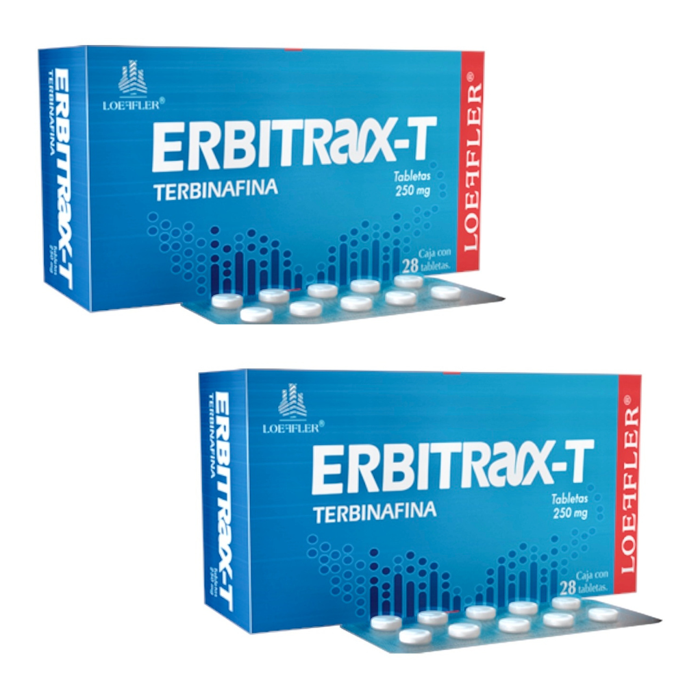 Tratamiento Medicamento Antimicótico Hongos Pie de Atleta Erbitrax-T Terbinafina 2 Cajas con 28 Pastillas c/u.