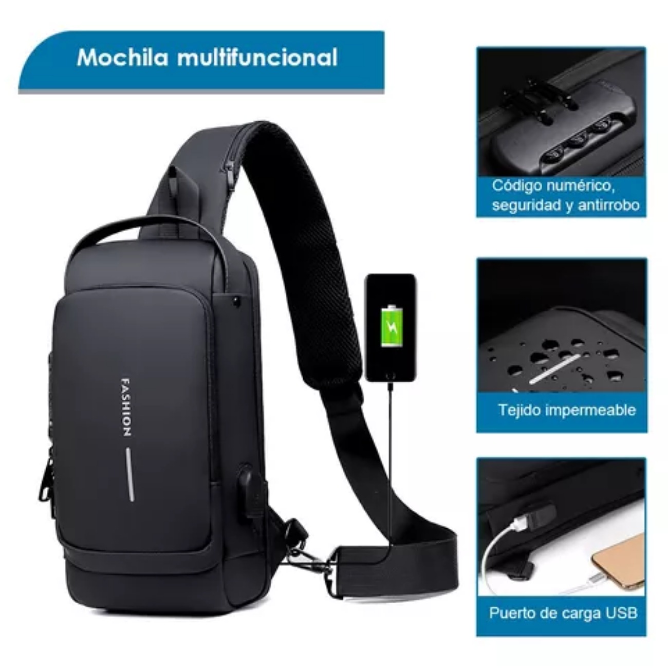 Mochila Cruzada Antirrobo Impermeable Para Hombre