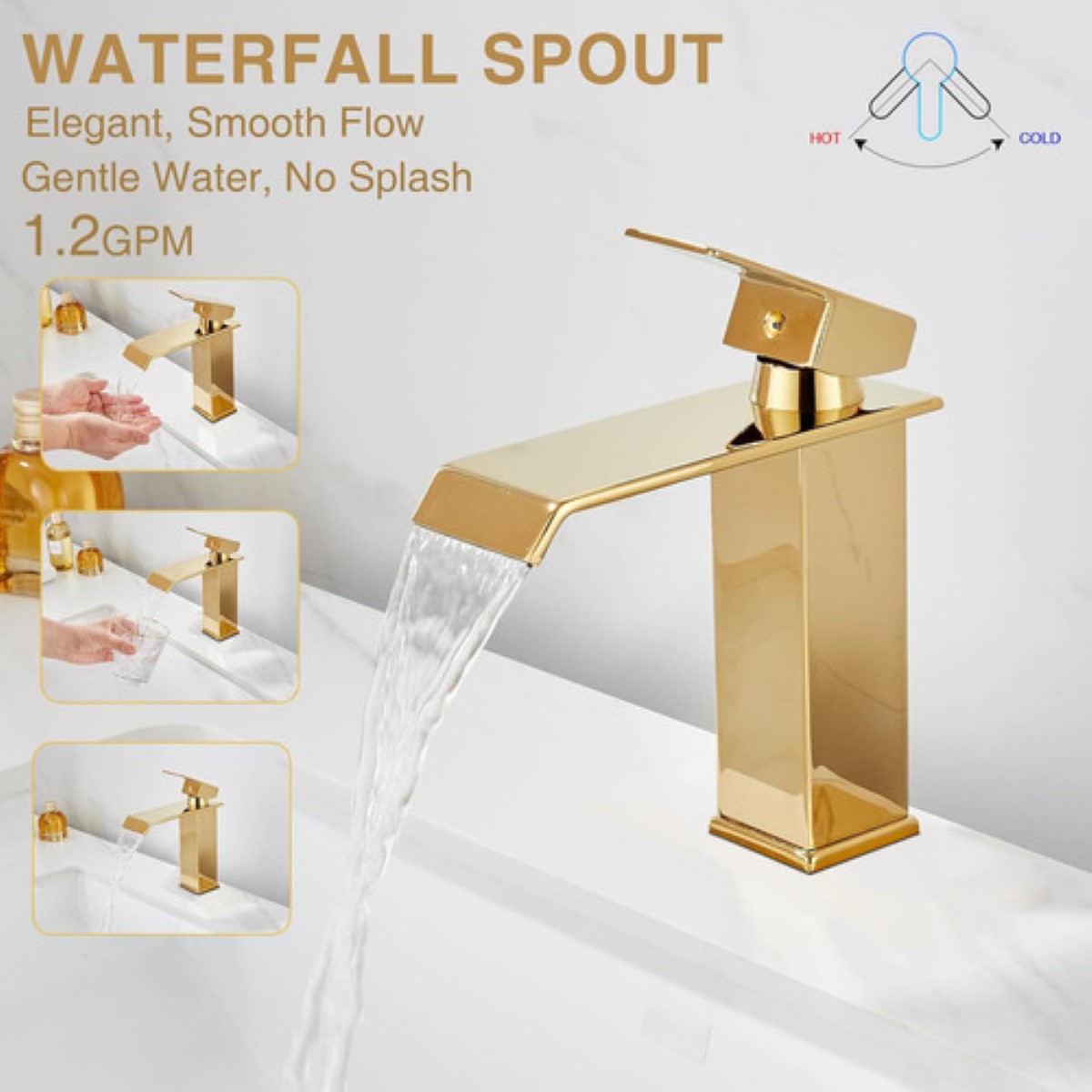 Grifo de baño dorado en cascada, lavabo mezclador monomando, lavabo de lujo dorado