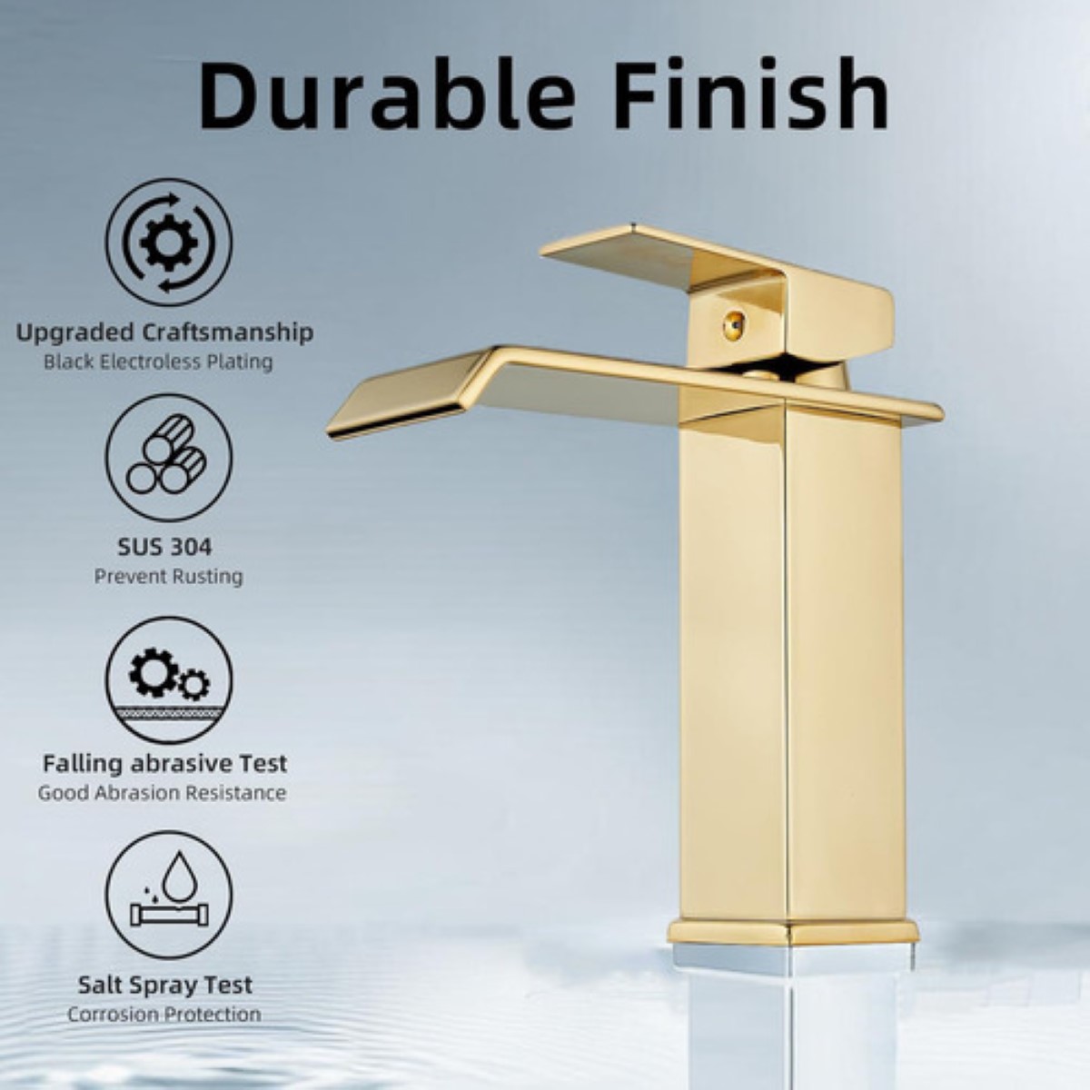 Grifo de baño dorado en cascada, lavabo mezclador monomando, lavabo de lujo dorado