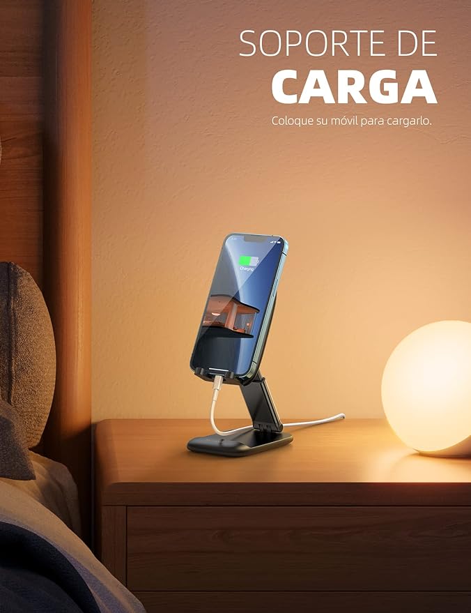 A Lamicall Plegable Soporte Celular Escritorio - Ajustable Base para Celulares Porta Celular Escritorio Accesorios Compatible iPhone 15/14/13/12/11 Pro MAX, Android, Redmi, 4-8'' Smartphone - Negro.