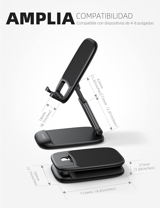 A Lamicall Plegable Soporte Celular Escritorio - Ajustable Base para Celulares Porta Celular Escritorio Accesorios Compatible iPhone 15/14/13/12/11 Pro MAX, Android, Redmi, 4-8'' Smartphone - Negro.