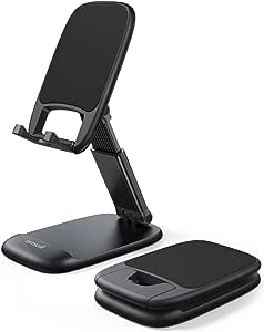 A Lamicall Plegable Soporte Celular Escritorio - Ajustable Base para Celulares Porta Celular Escritorio Accesorios Compatible iPhone 15/14/13/12/11 Pro MAX, Android, Redmi, 4-8'' Smartphone - Negro.
