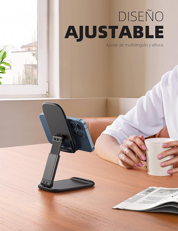 A Lamicall Plegable Soporte Celular Escritorio - Ajustable Base para Celulares Porta Celular Escritorio Accesorios Compatible iPhone 15/14/13/12/11 Pro MAX, Android, Redmi, 4-8'' Smartphone - Negro.