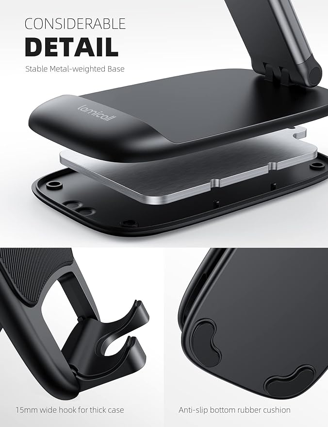 A Lamicall Plegable Soporte Celular Escritorio - Ajustable Base para Celulares Porta Celular Escritorio Accesorios Compatible iPhone 15/14/13/12/11 Pro MAX, Android, Redmi, 4-8'' Smartphone - Negro.