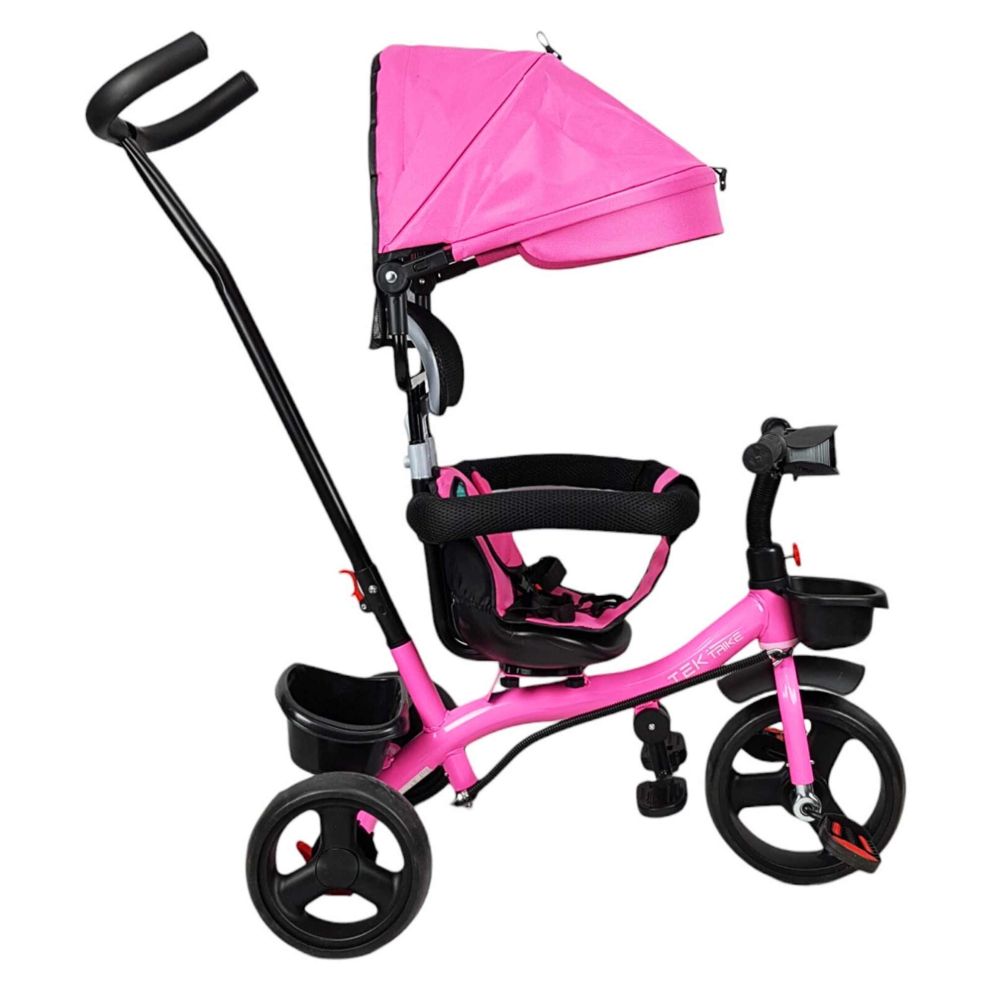 Triciclo para Niños con Barra Empuje Cajuela Toldo Luz y Sonido - Rosa.