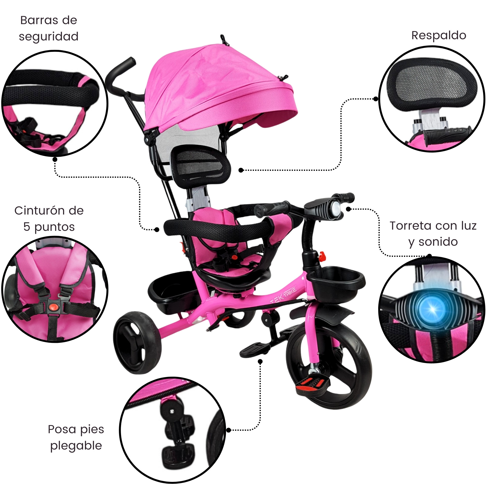 Triciclo para Niños con Barra Empuje Cajuela Toldo Luz y Sonido - Rosa.