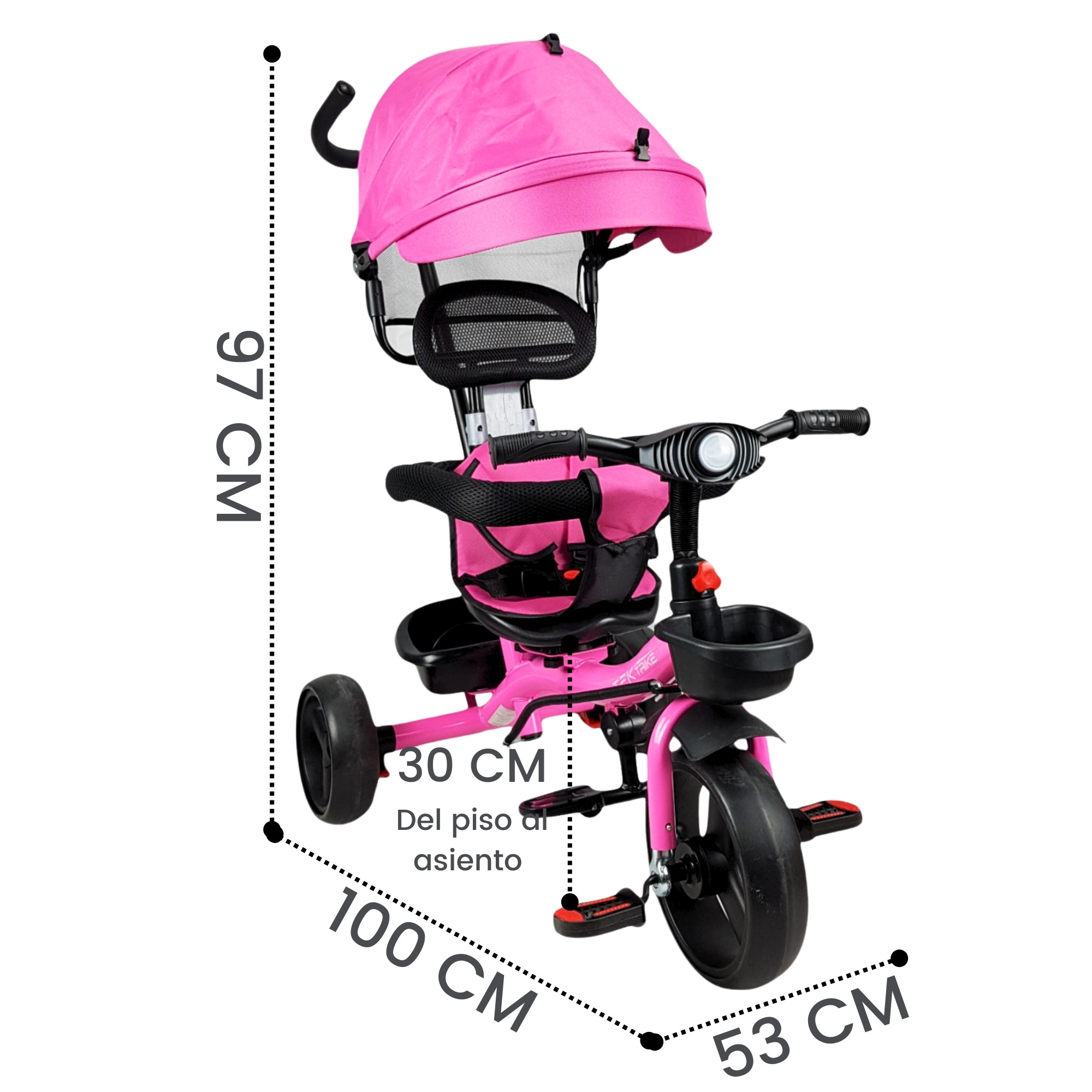 Triciclo para Niños con Barra Empuje Cajuela Toldo Luz y Sonido - Rosa.
