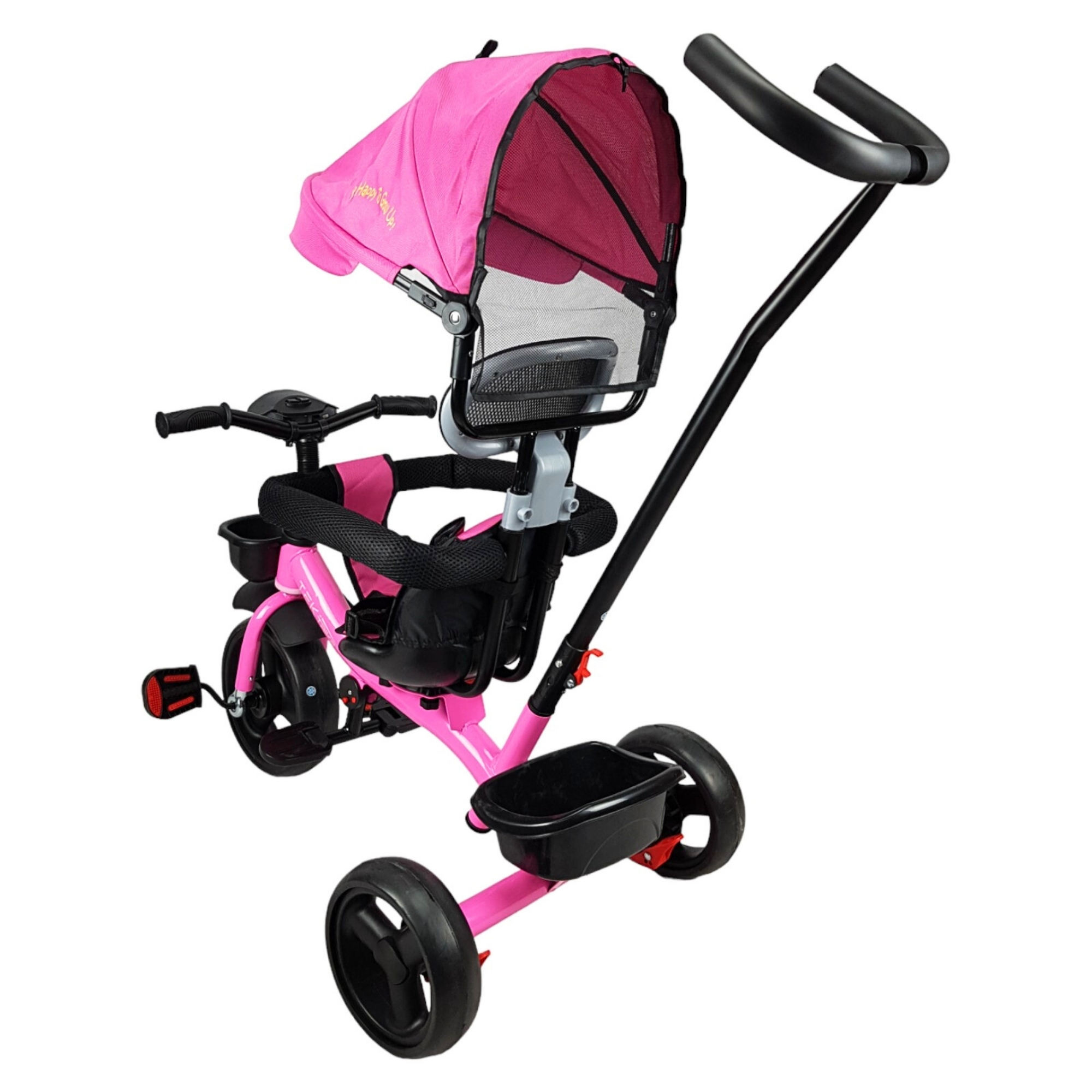 Triciclo para Niños con Barra Empuje Cajuela Toldo Luz y Sonido - Rosa.