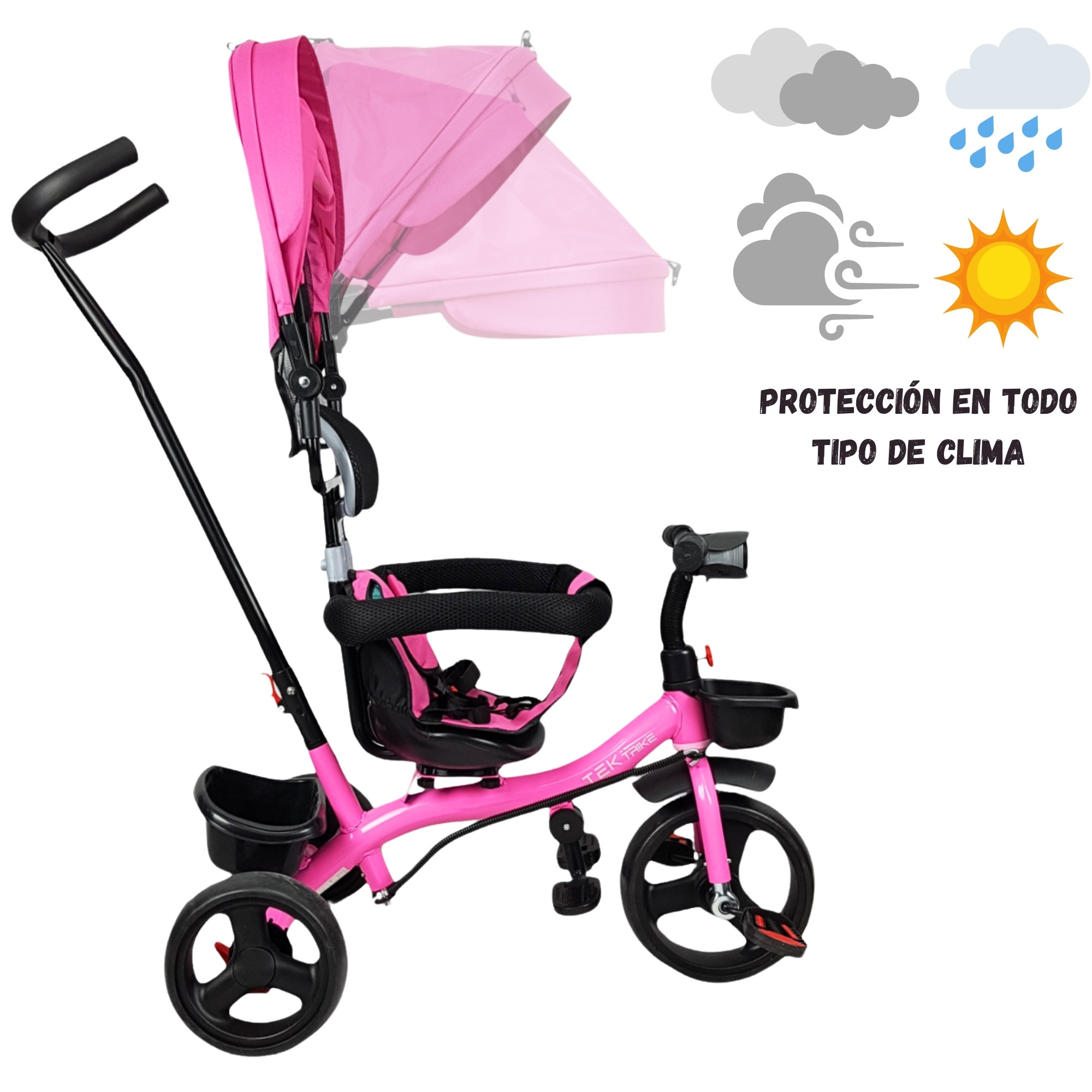Triciclo para Niños con Barra Empuje Cajuela Toldo Luz y Sonido - Rosa.