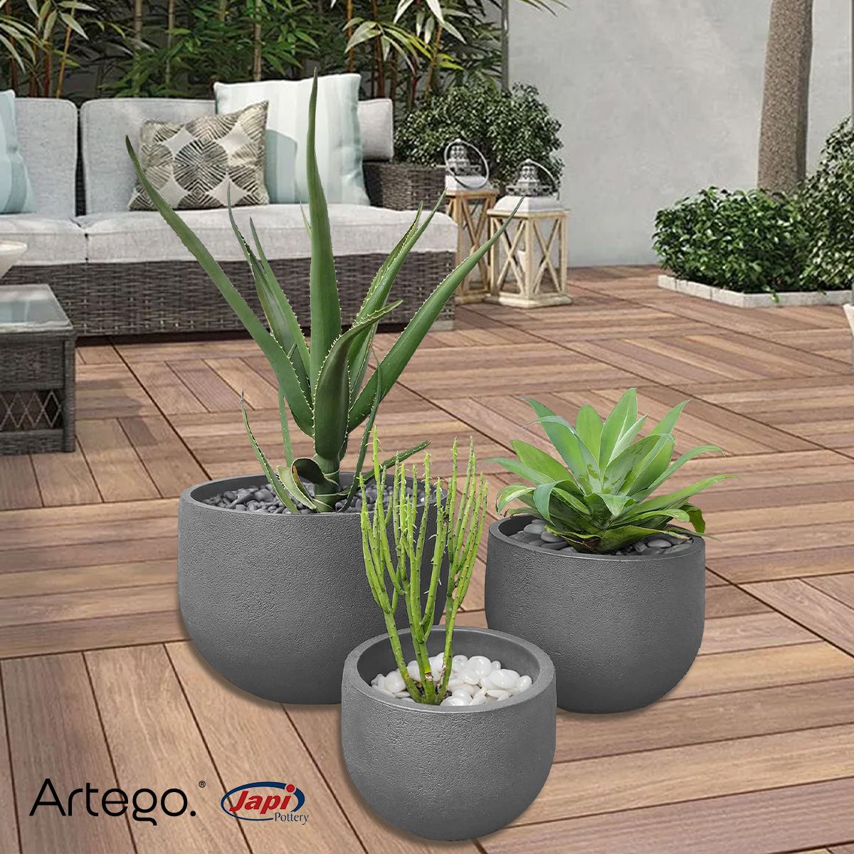 Maceta set de 3 piezas moderna para exteriores RUSTIC de Polietileno ultra ligera Artego Japi.