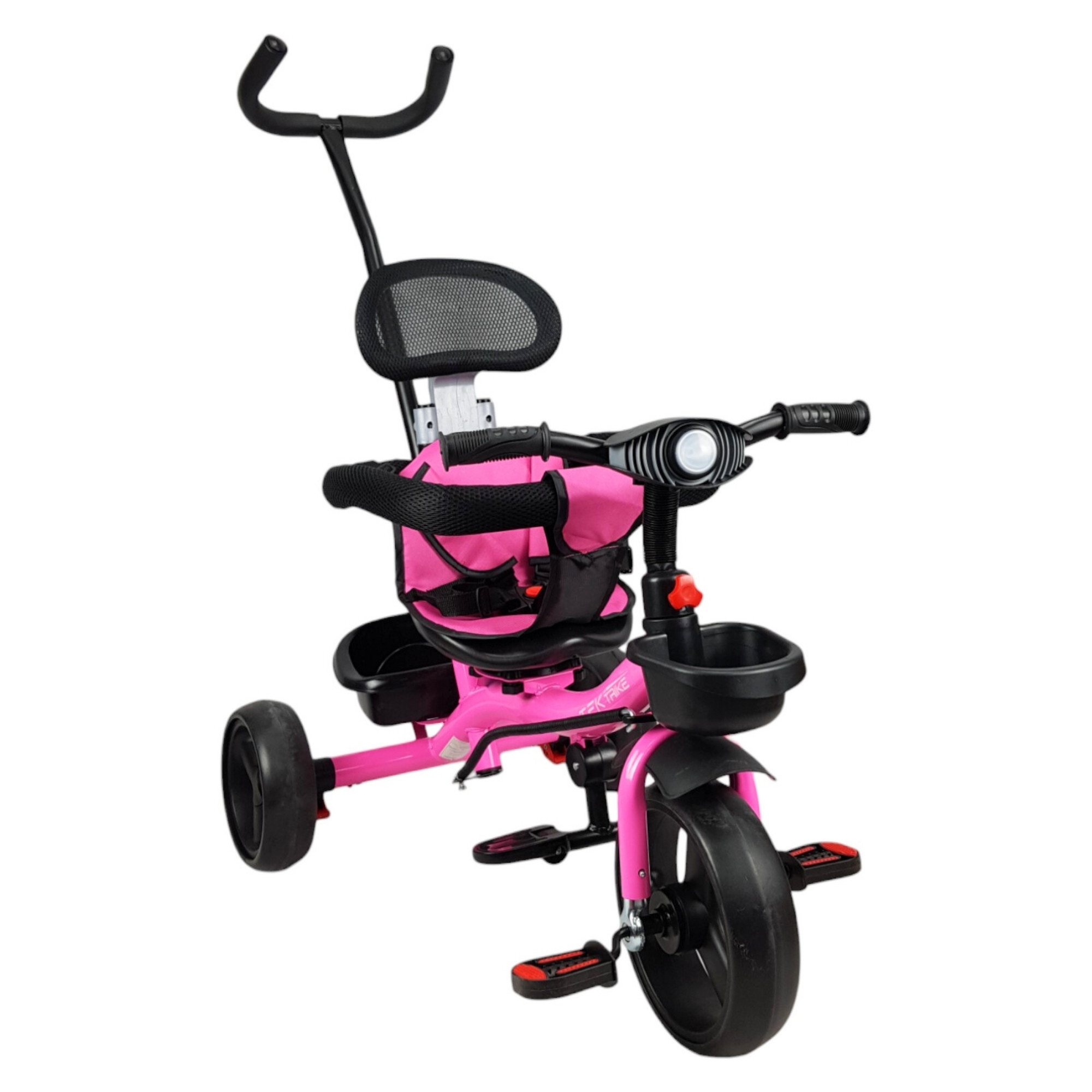 Triciclo para Niños con Barra Empuje Cajuela Toldo Luz y Sonido - Rosa.