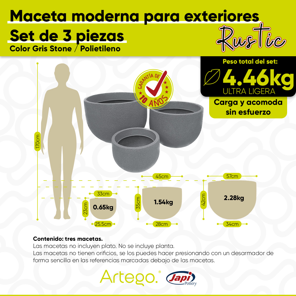 Maceta set de 3 piezas moderna para exteriores RUSTIC de Polietileno ultra ligera Artego Japi.