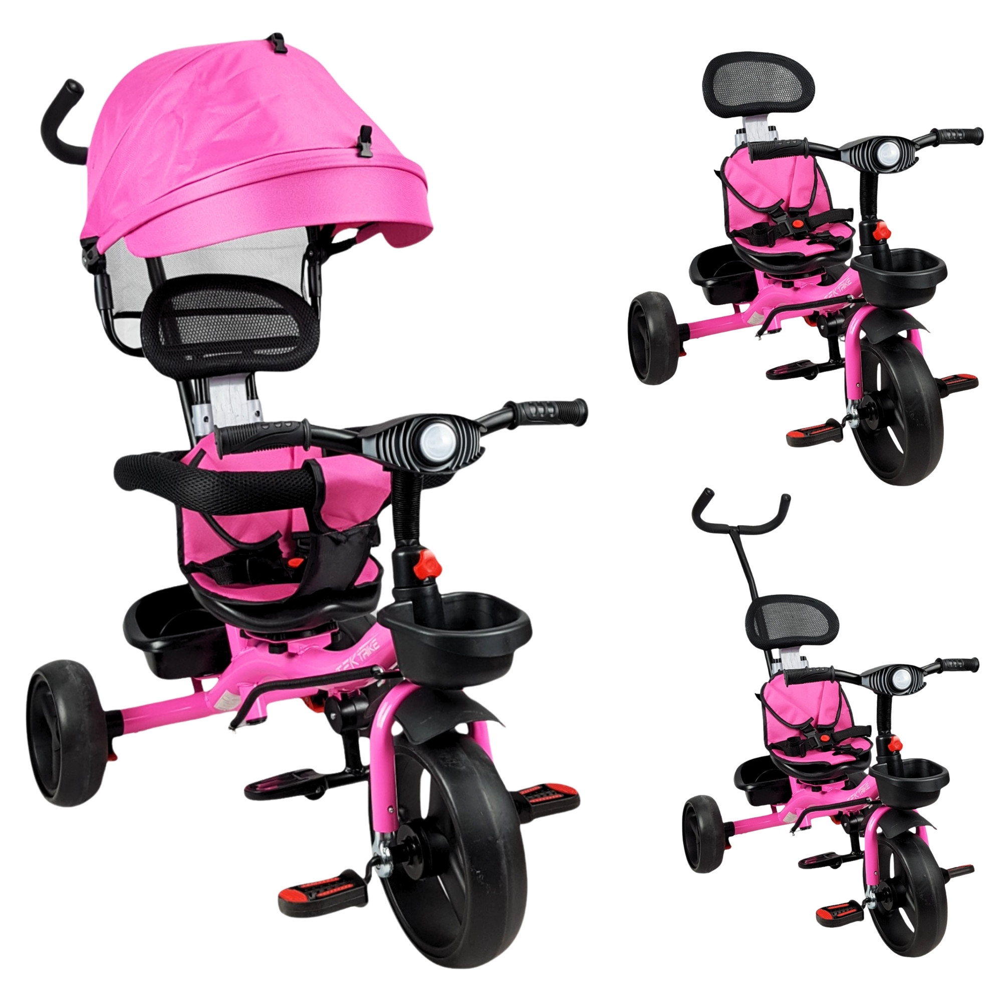 Triciclo para Niños con Barra Empuje Cajuela Toldo Luz y Sonido - Rosa.