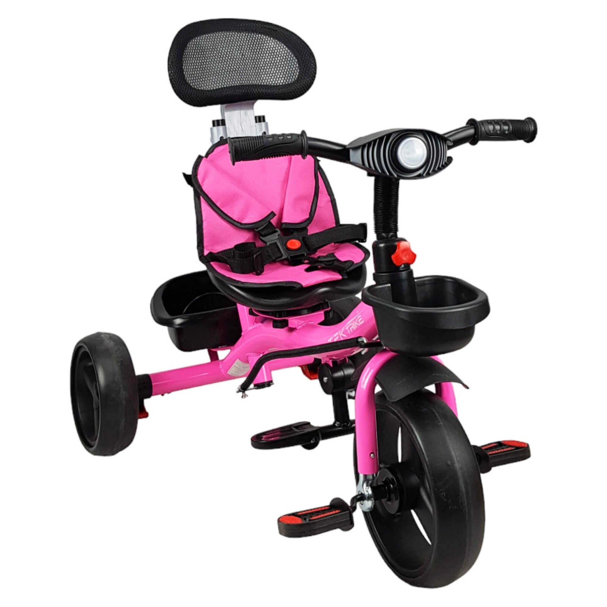 Triciclo para Niños con Barra Empuje Cajuela Toldo Luz y Sonido - Rosa.