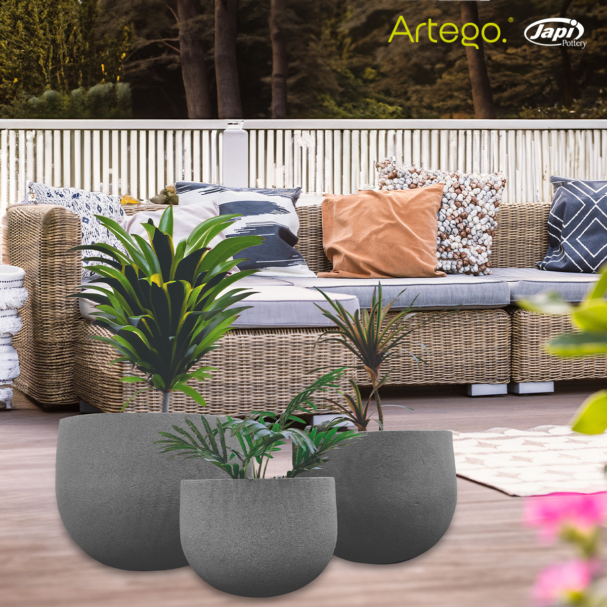 Maceta set de 3 piezas moderna para exteriores RUSTIC de Polietileno ultra ligera Artego Japi.