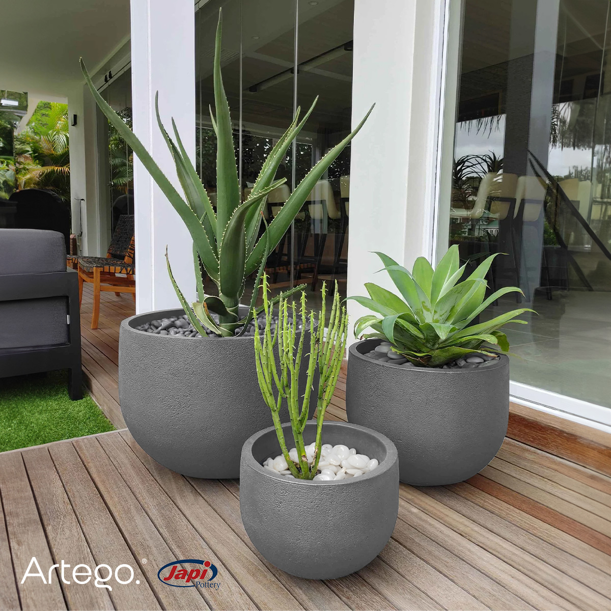 Maceta set de 3 piezas moderna para exteriores RUSTIC de Polietileno ultra ligera Artego Japi.