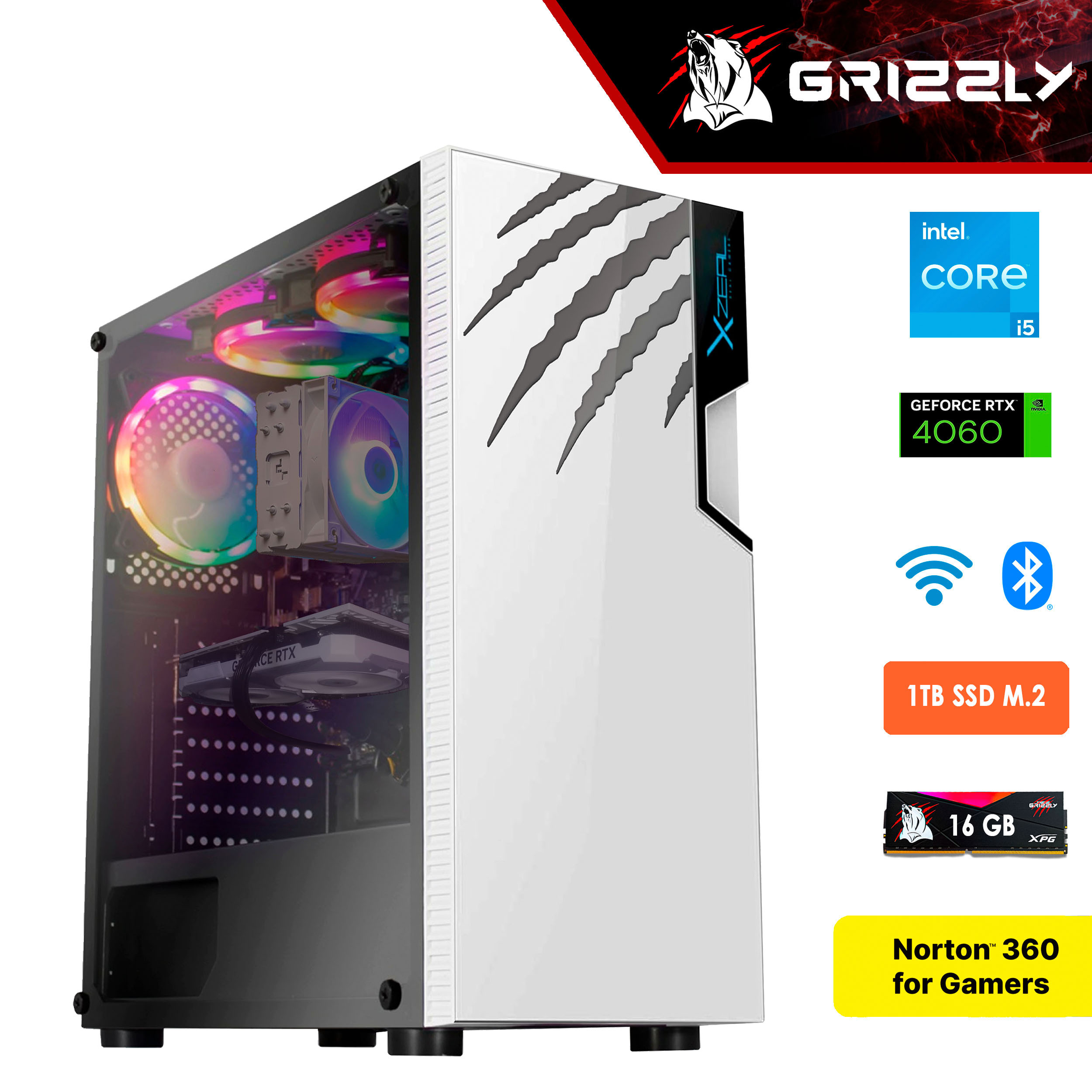 PC Gamer Grizzly Blanco AMD Ryzen 5 5600g 3.9 GHZ Nvidia Rtx4060 RAM 16 GB SSD M.2 1 TB Wifi BT.