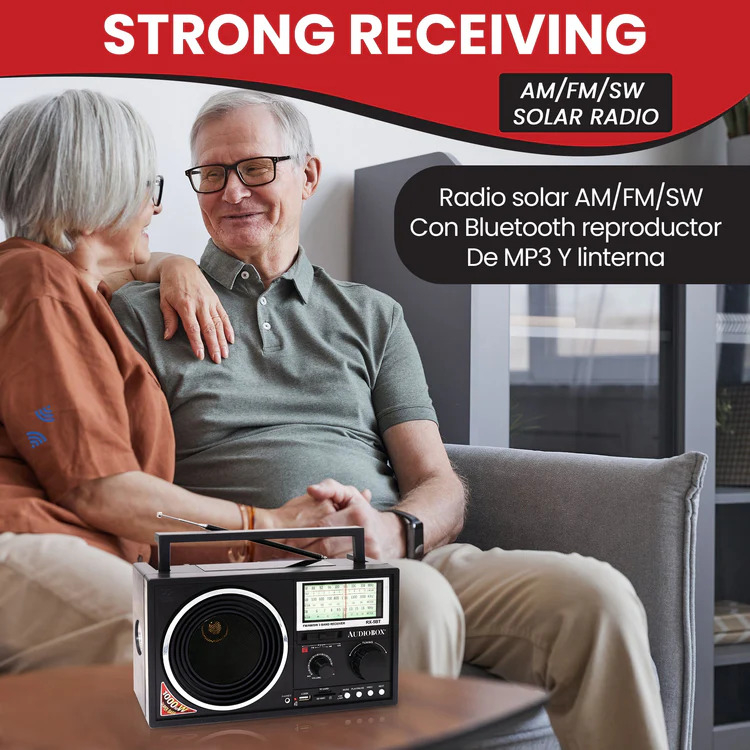 Radio Retro Inalambrico Bateria - Solar Alcance AM FM RX-5 Audiobox.