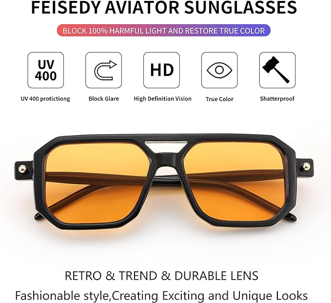 FEISEDY Lentes de sol Cuadrado Aviador Vintage Mujeres Hombres, Gafas de sol Elegante Marco Retro Clásico UV400 B2622.