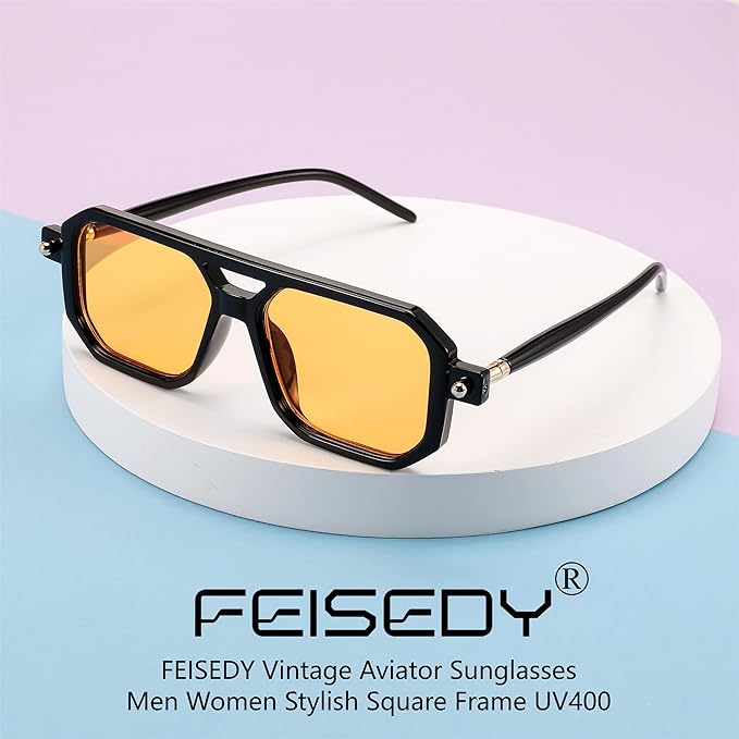 FEISEDY Lentes de sol Cuadrado Aviador Vintage Mujeres Hombres, Gafas de sol Elegante Marco Retro Clásico UV400 B2622.