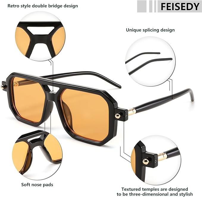FEISEDY Lentes de sol Cuadrado Aviador Vintage Mujeres Hombres, Gafas de sol Elegante Marco Retro Clásico UV400 B2622.