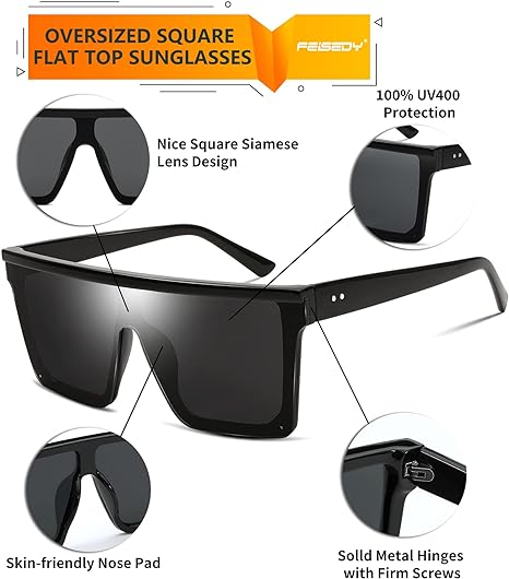 FEISEDY Gafas de sol con escudo superior plano lentes de sol cuadradas sin montura de gran tamaño para mujeres hombres UV400 protección B2470.