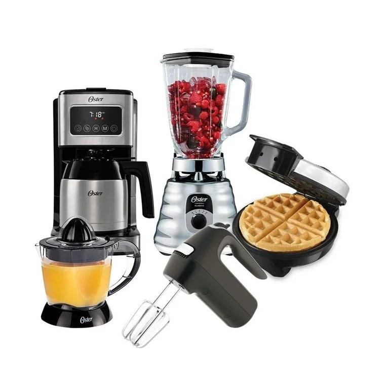 Combo oster 4 elementos,licuadora,cafetera,tostador y waflera negro.