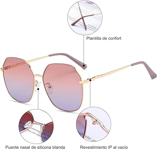 Lentes de sol mujer, Sebami Gafas De Sol de Moda de Metal anteojos de sol Gafas de protección UV Gafas de sol polarizadas perfecta para Conducción y Viajes.