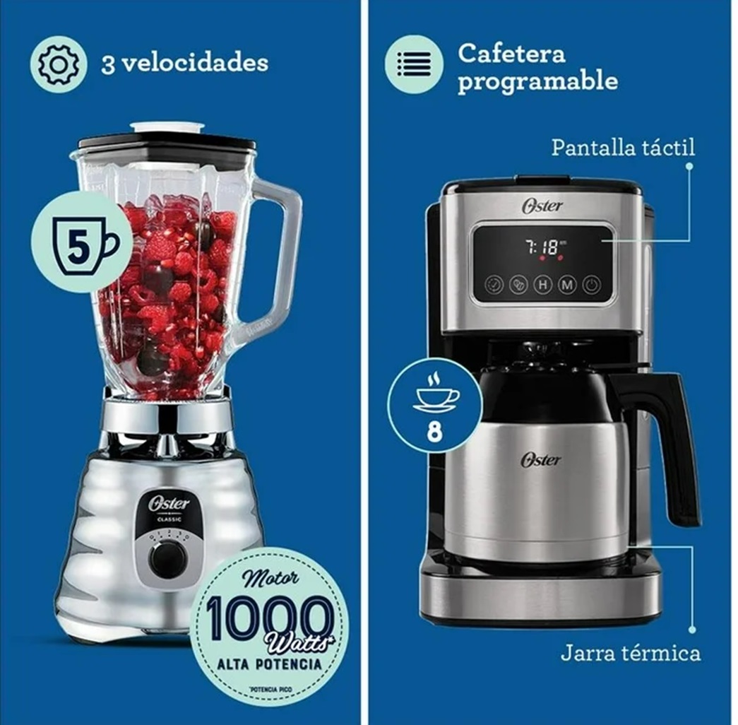 Combo oster 4 elementos,licuadora,cafetera,tostador y waflera negro.