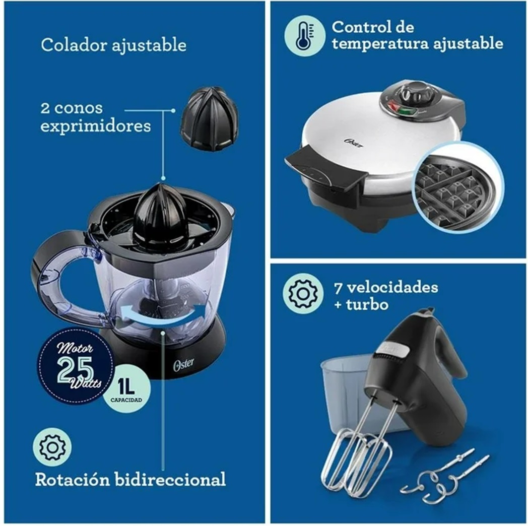 Combo oster 4 elementos,licuadora,cafetera,tostador y waflera negro.