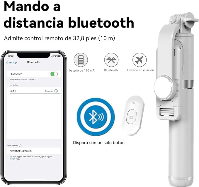 A Jesir Trípode Bluetooth Selfie Stick con Luz De Relleno, Soporte De Trípode Ligero De Viaje Extensible para Selfie, Transmisión En Vivo, Videoconferencia, Compatible con Todos Los Teléfonos (Blanco).