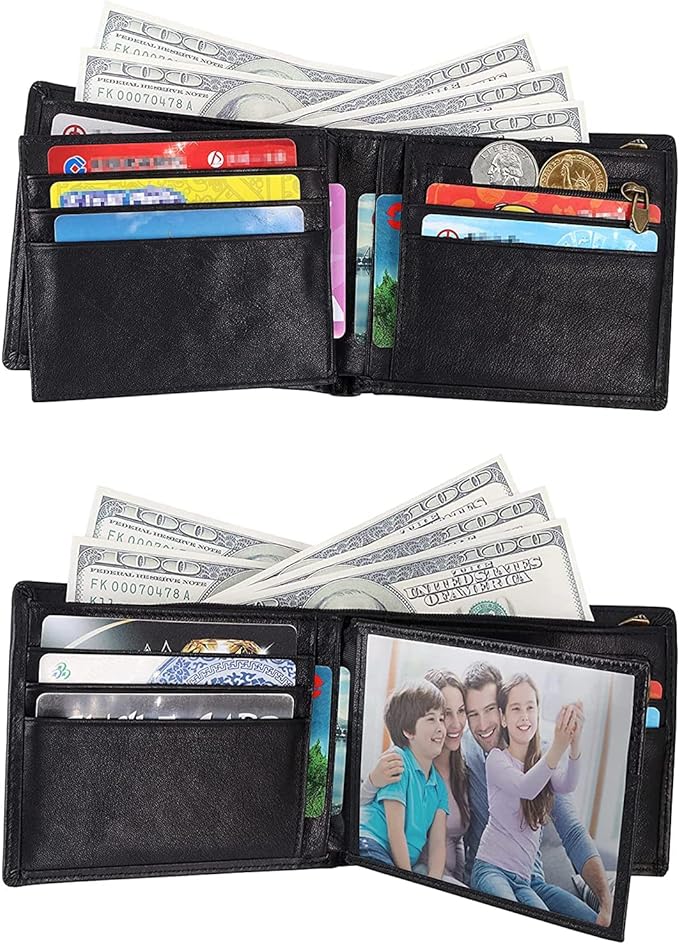 A Hisemy Cartera para hombre Carteras plegables de cuero genuino para hombres Bolsillo frontal Ventana de identificación 13 Titulares de tarjetas(negro).