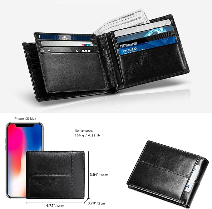 A Hisemy Cartera para hombre Carteras plegables de cuero genuino para hombres Bolsillo frontal Ventana de identificación 13 Titulares de tarjetas(negro).