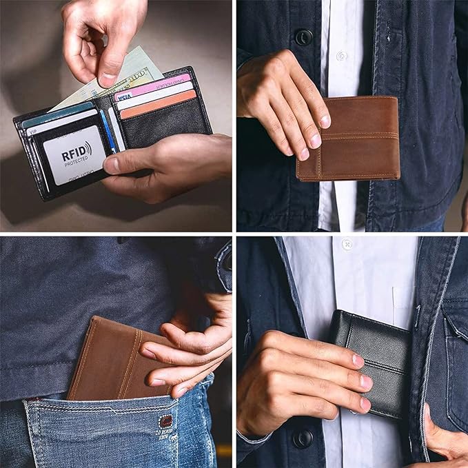 A Hisemy Cartera para hombre Carteras plegables de cuero genuino para hombres Bolsillo frontal Ventana de identificación 13 Titulares de tarjetas(negro).