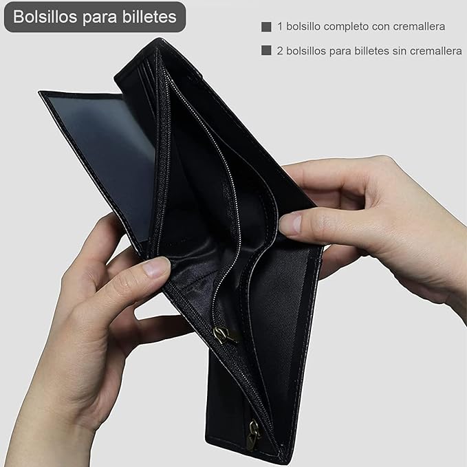 A Hisemy Cartera para hombre Carteras plegables de cuero genuino para hombres Bolsillo frontal Ventana de identificación 13 Titulares de tarjetas(negro).