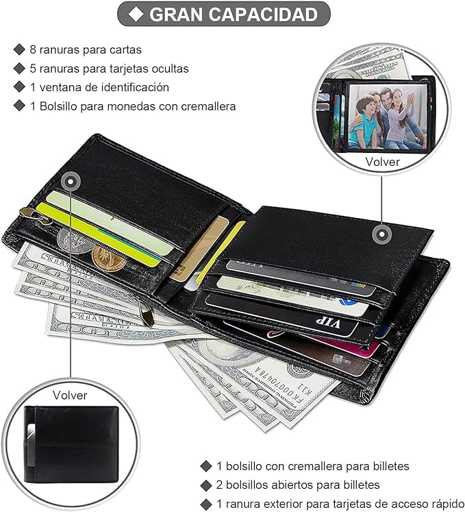 A Hisemy Cartera para hombre Carteras plegables de cuero genuino para hombres Bolsillo frontal Ventana de identificación 13 Titulares de tarjetas(negro).