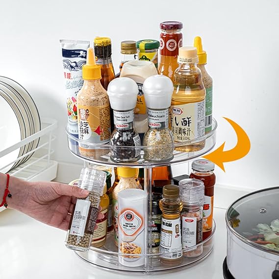 Organizador de acrílico giratorio de doble nivel para cocina.