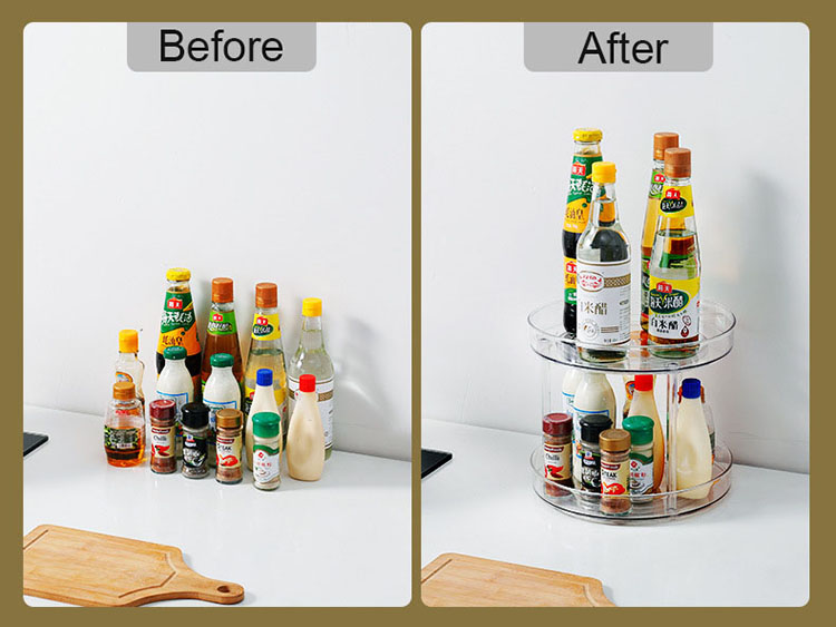 Organizador de acrílico giratorio de doble nivel para cocina.