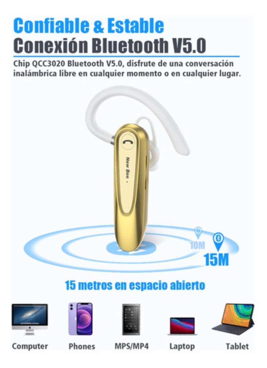 "Auriculares Monoaurales In-ear New Bee Auricular Inalámbrico Dorado "