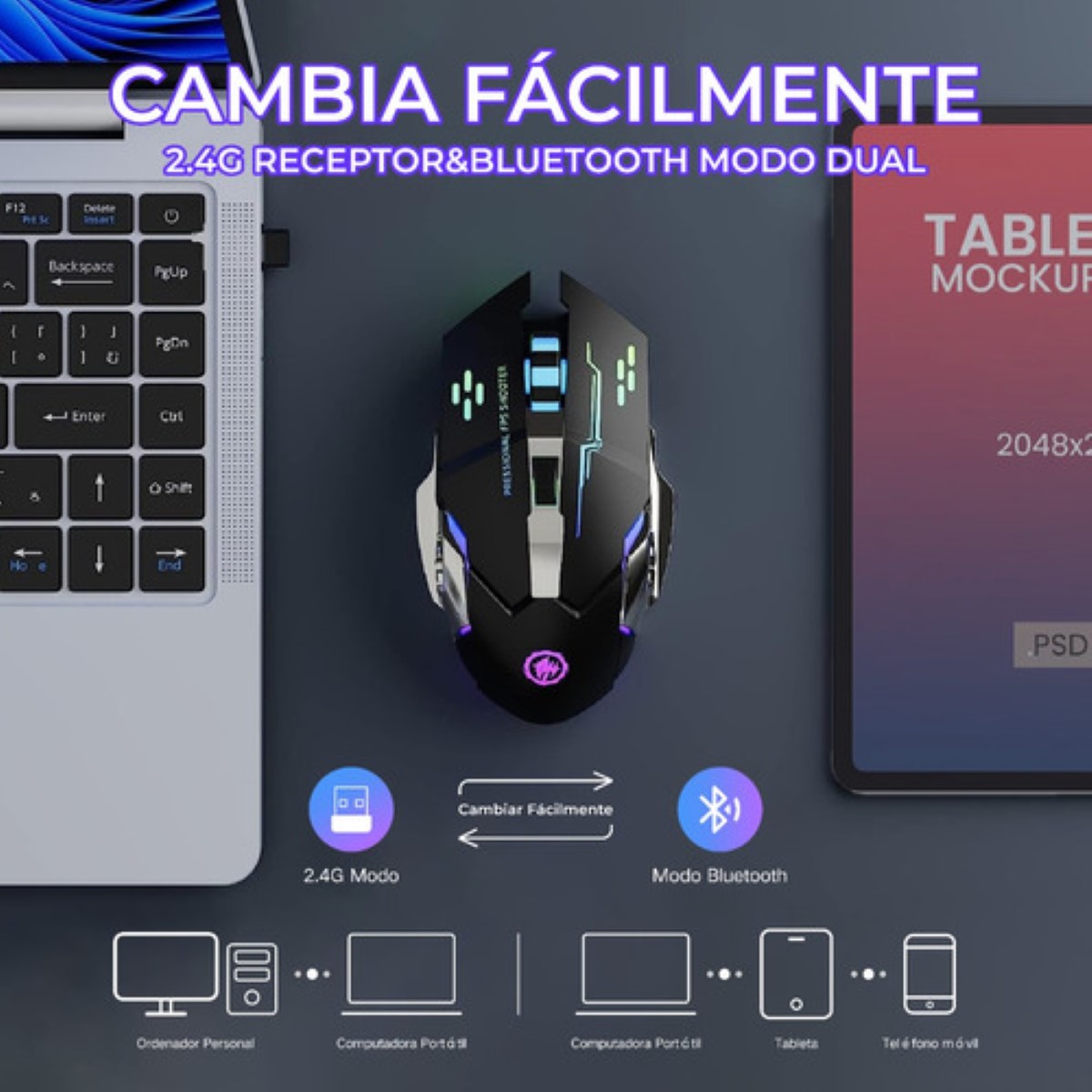 "Mouse Inalambrico Gamer Ergonomico 2.4g Bt Dual Modos Raton blanco "