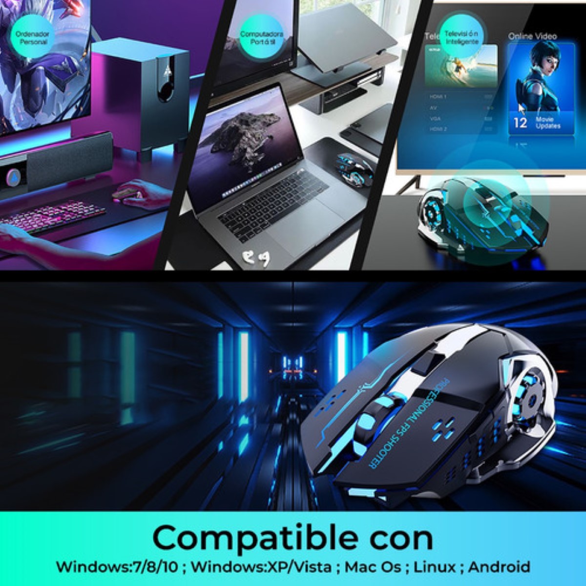 "Mouse Inalambrico Gamer Ergonomico 2.4g Bt Dual Modos Raton blanco "