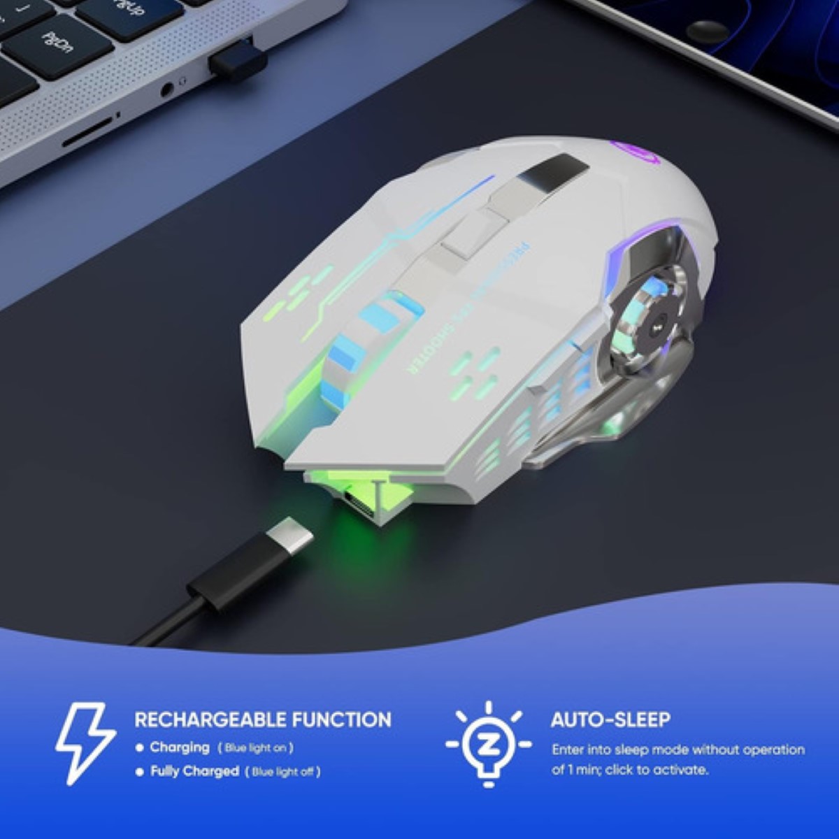 "Mouse Inalambrico Gamer Ergonomico 2.4g Bt Dual Modos Raton blanco "