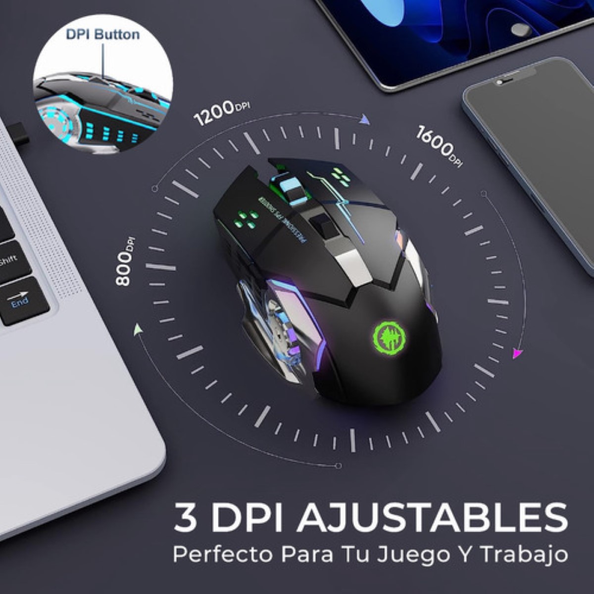 "Mouse Inalambrico Gamer Ergonomico 2.4g Bt Dual Modos Raton negro ".