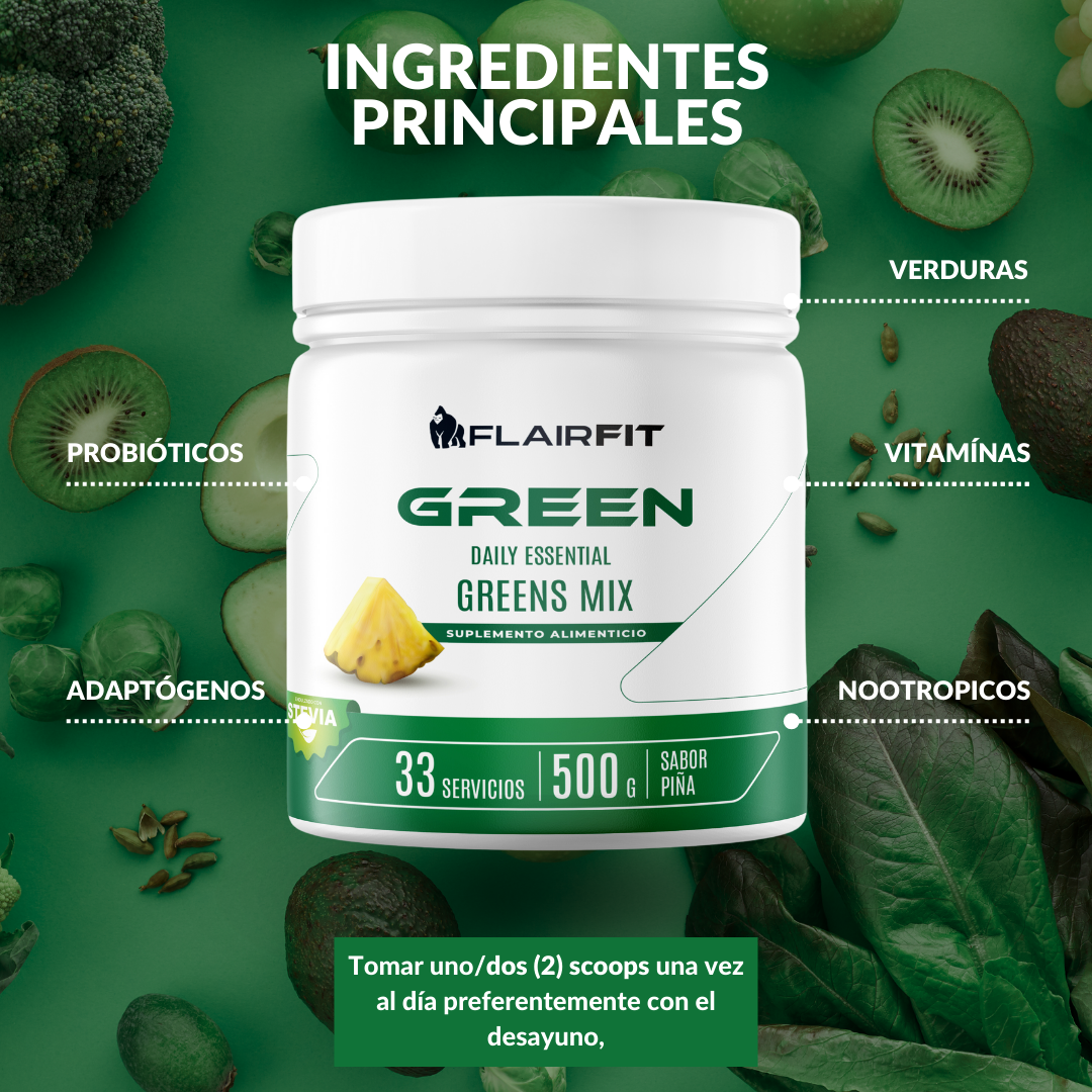 Flairfit® Daily Green Mix, Superfood +50 Ingredientes Múltiples Beneficios Todo En Uno 500g/Piña.