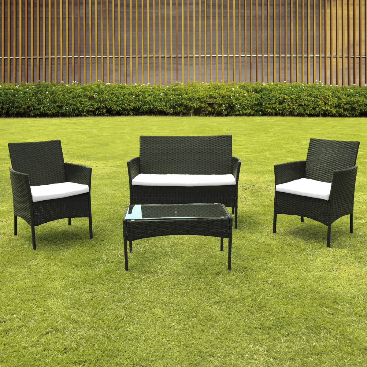 Juego de sala para jardín 3 sofas + 1 mesa mimbre sintentico y mesa de vidrio templado