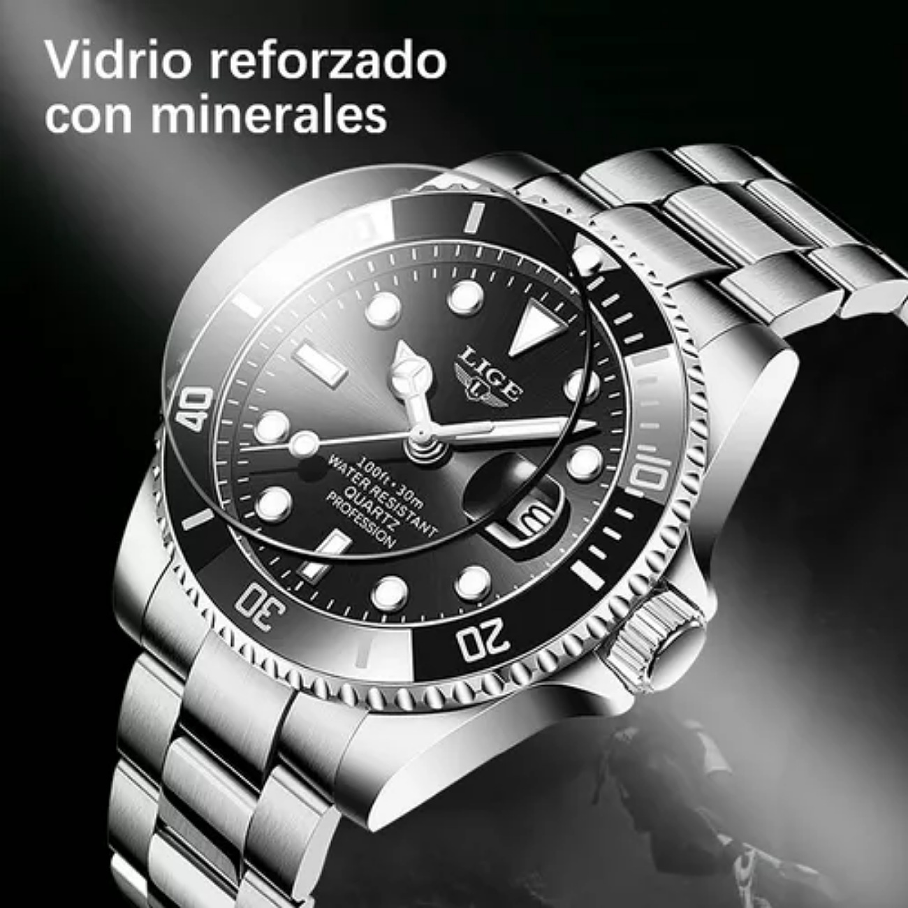Reloj de pulsera Lige LG10045 de cuerpo color plateado, analógico, para hombre, fondo negro, con correa de acero inoxidable color plateado, agujas color plateado y blanco, dial blanco y plateado, minutero/segundero blanco, bisel color negro y plateado y mariposa