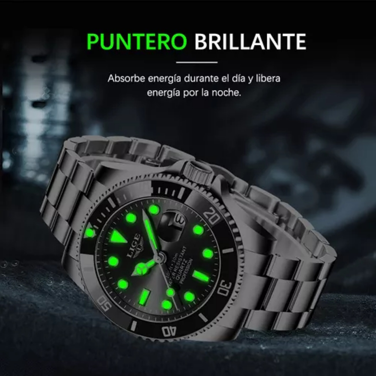 Reloj de pulsera Lige LG10045 de cuerpo color plateado, analógico, para hombre, fondo negro, con correa de acero inoxidable color plateado, agujas color plateado y blanco, dial blanco y plateado, minutero/segundero blanco, bisel color negro y plateado y mariposa