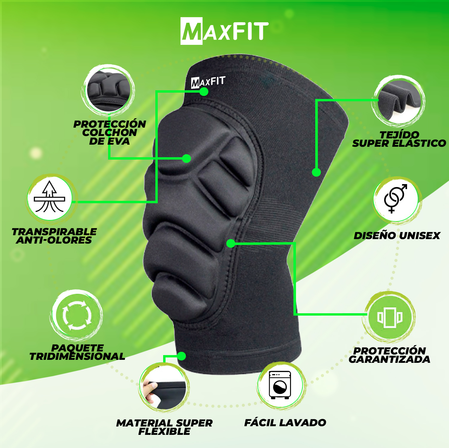 Par de Rodilleras deportivas de compresión marca MAXFIT, para, voleibol, futsal, Gimnasia, Crossfit, Correr, Modelo HX920